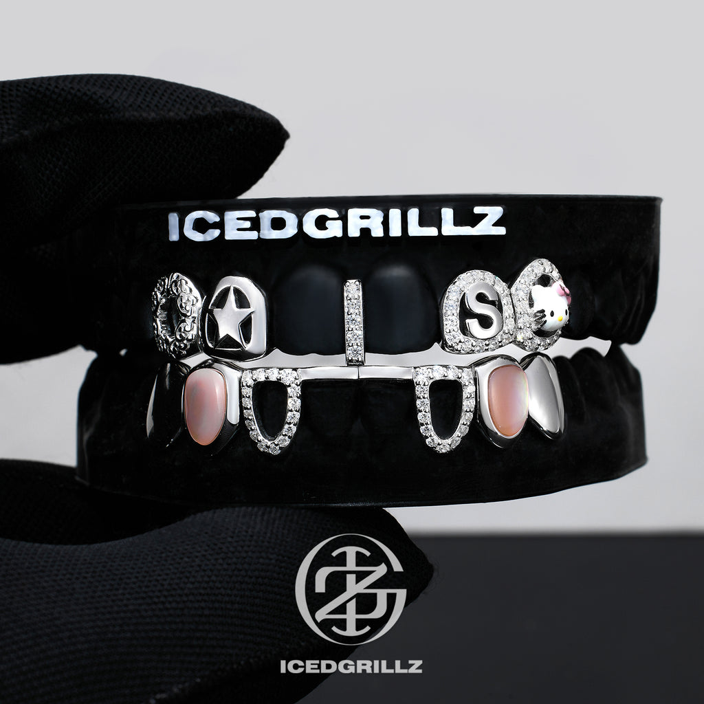 Enamel Kitty & Pink Shell Custom Initial Grillz
