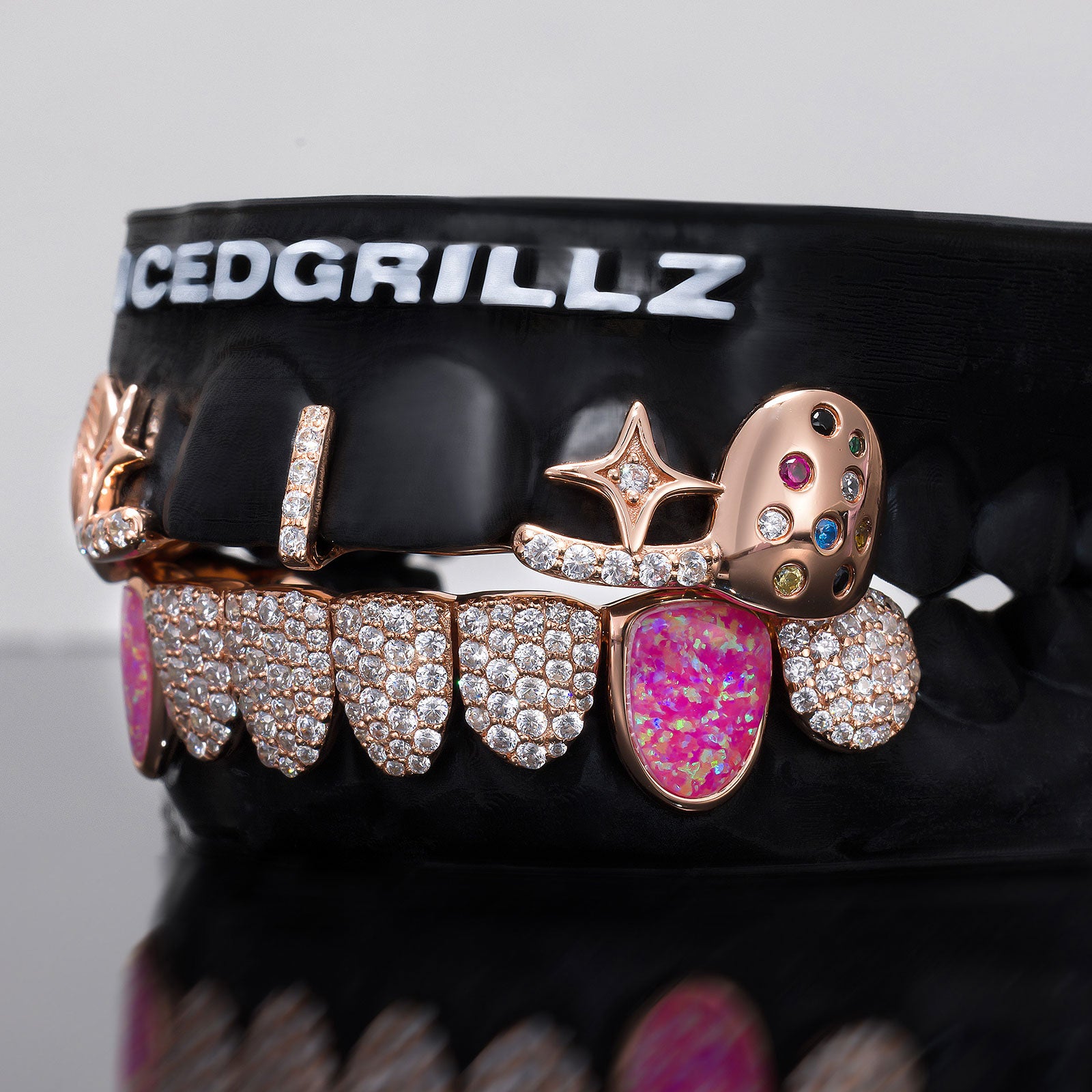 Engraved Fingerprint & Star Colored Gem Grillz