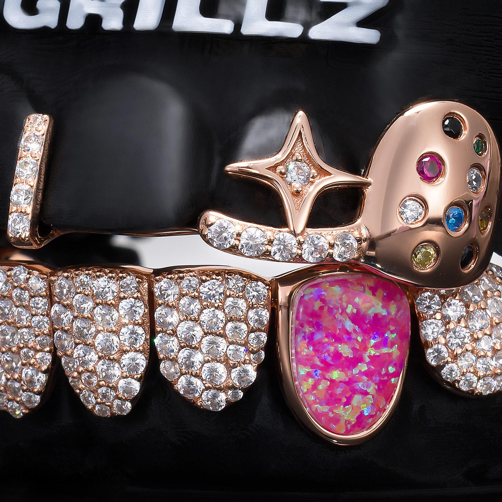 Engraved Fingerprint & Star Colored Gem Grillz