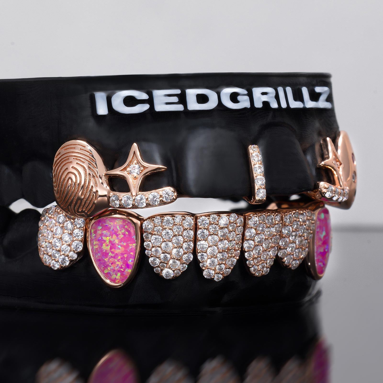 Engraved Fingerprint & Star Colored Gem Grillz