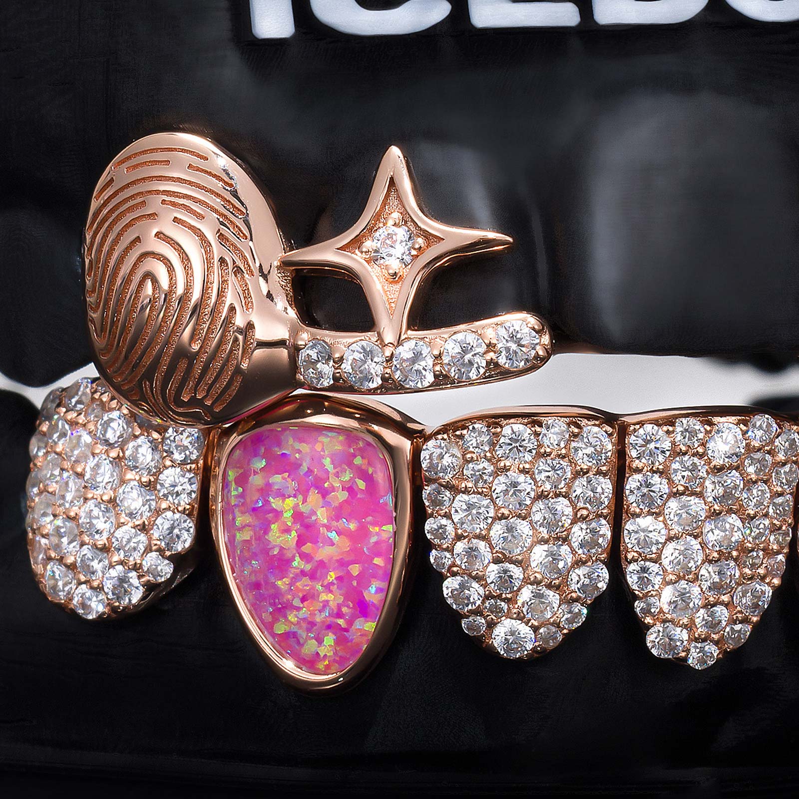 Engraved Fingerprint & Star Colored Gem Grillz