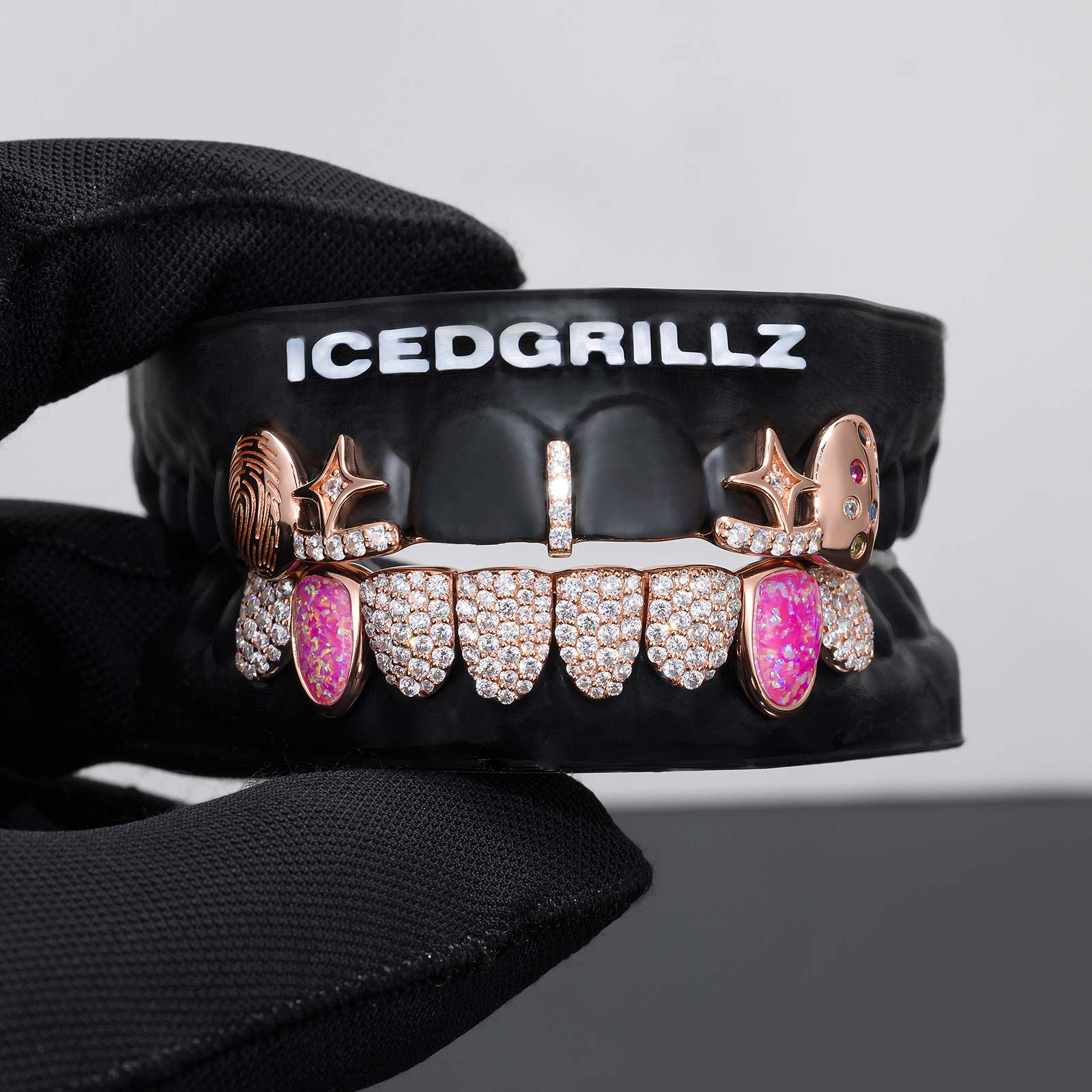 Engraved Fingerprint & Star Colored Gem Grillz