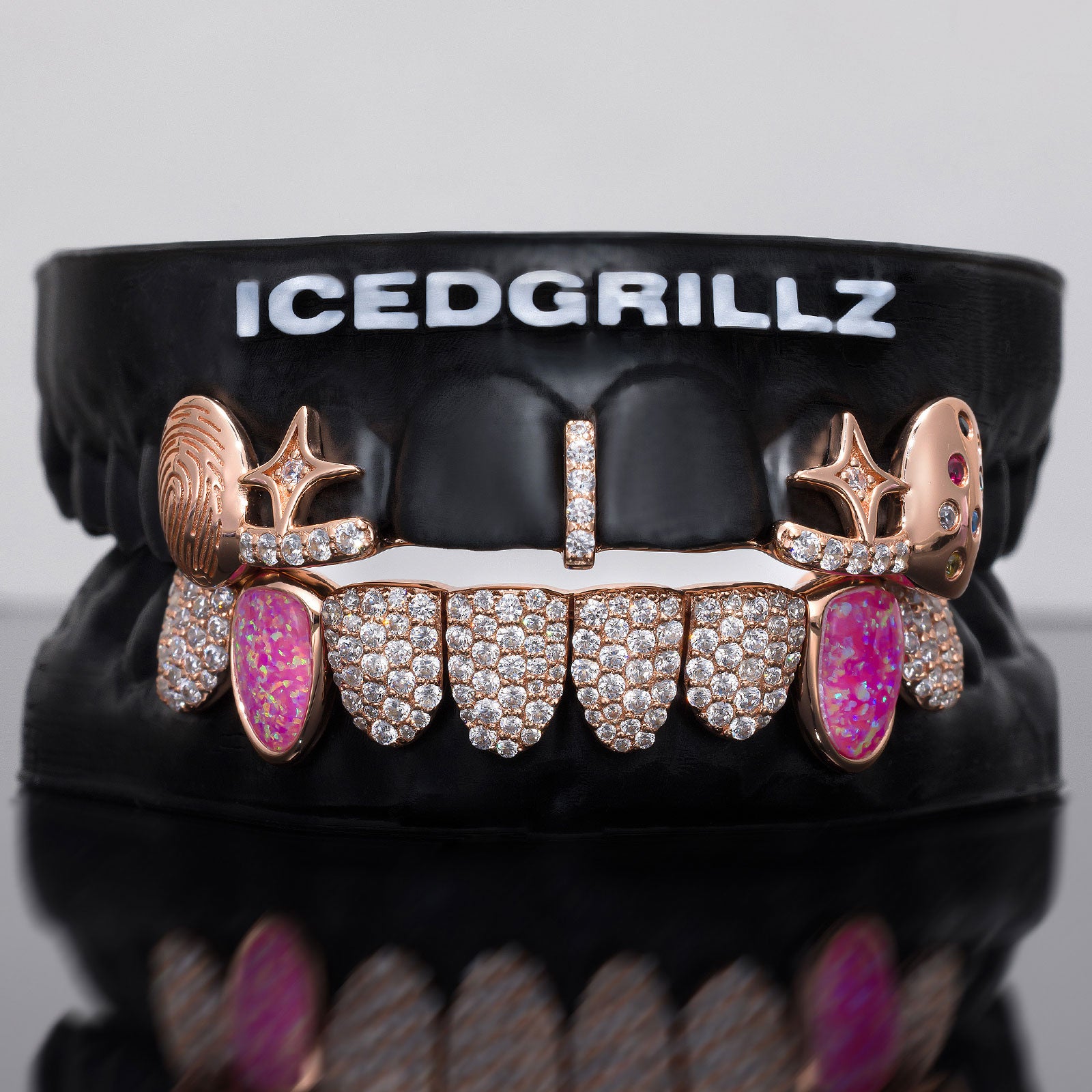 Engraved Fingerprint & Star Colored Gem Grillz