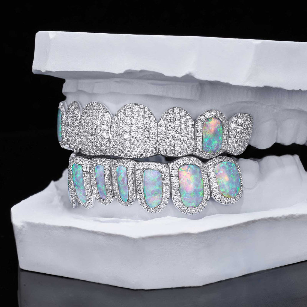 Full Pave & Opal Halo Grillz Set