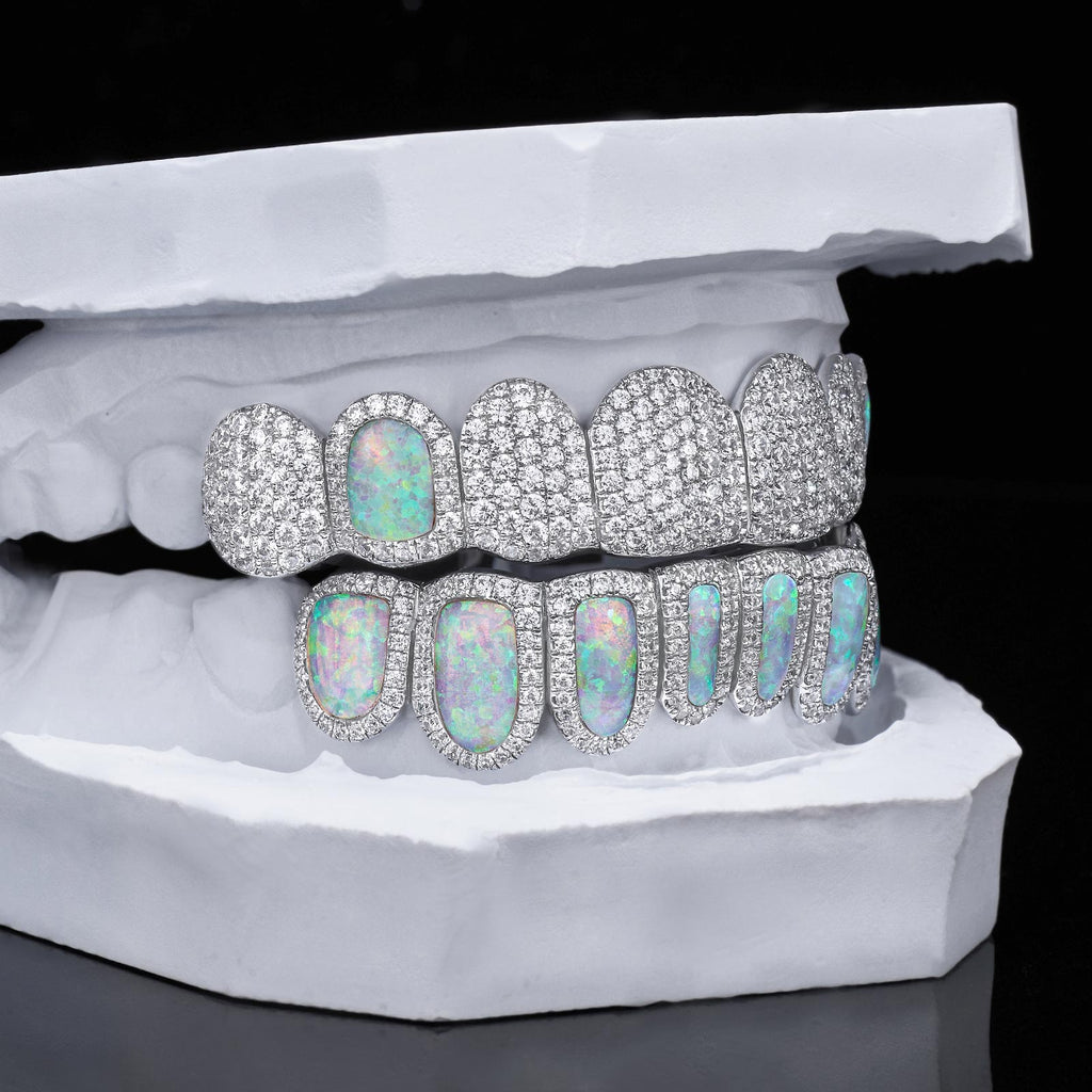 Full Pave & Opal Halo Grillz Set