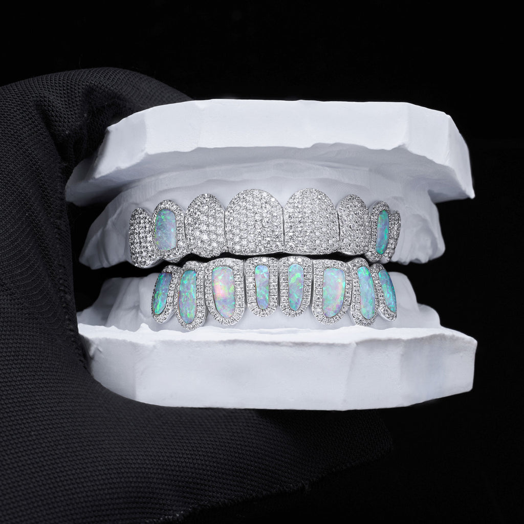 Full Pave & Opal Halo Grillz Set