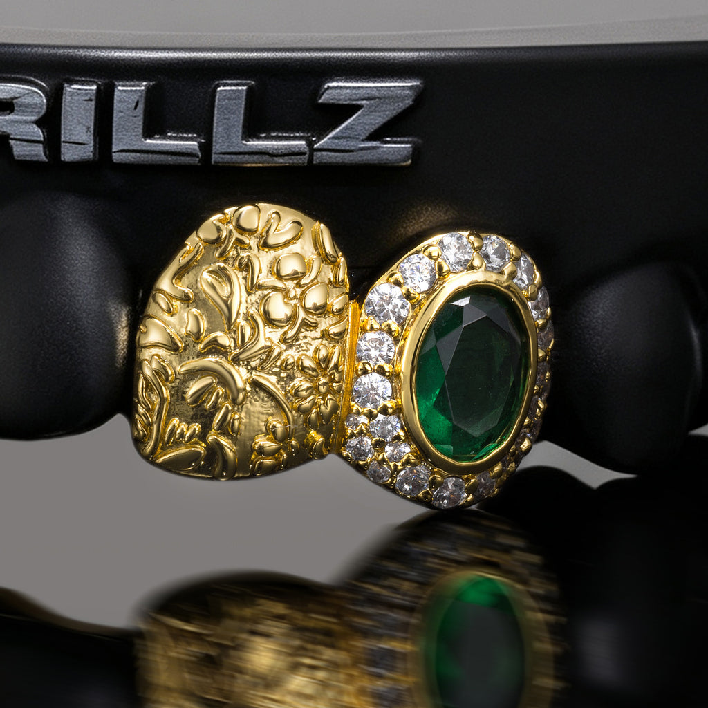 Green Gem Opal Open Face Pattern Gold Grillz - IcedGrillz