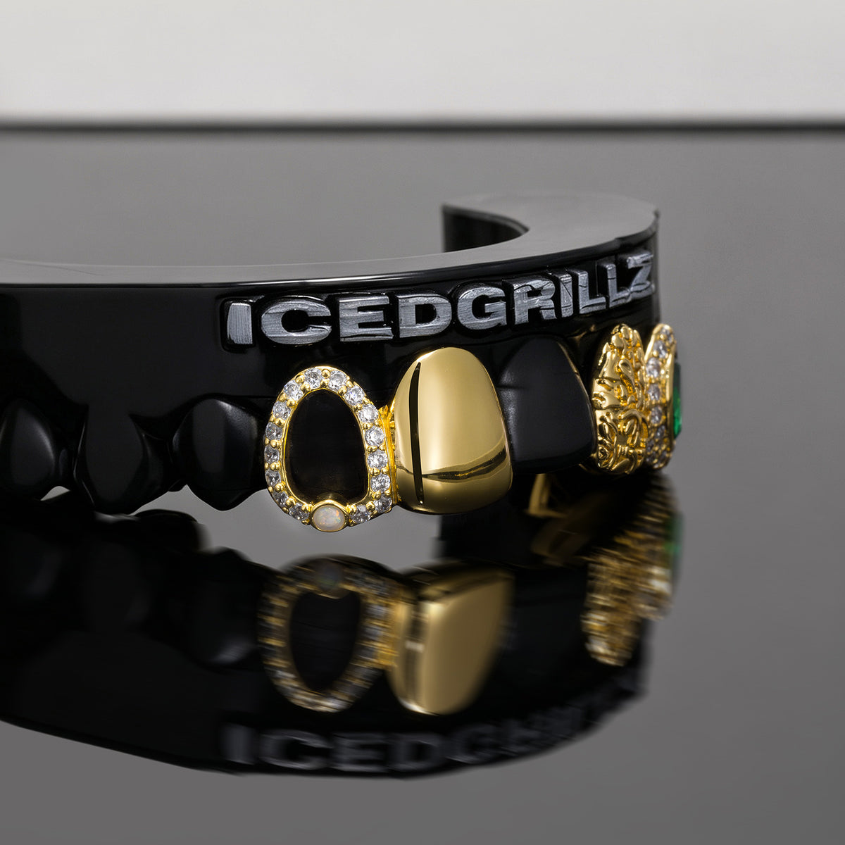 Green Gem Opal Open Face Pattern Gold Grillz - IcedGrillz