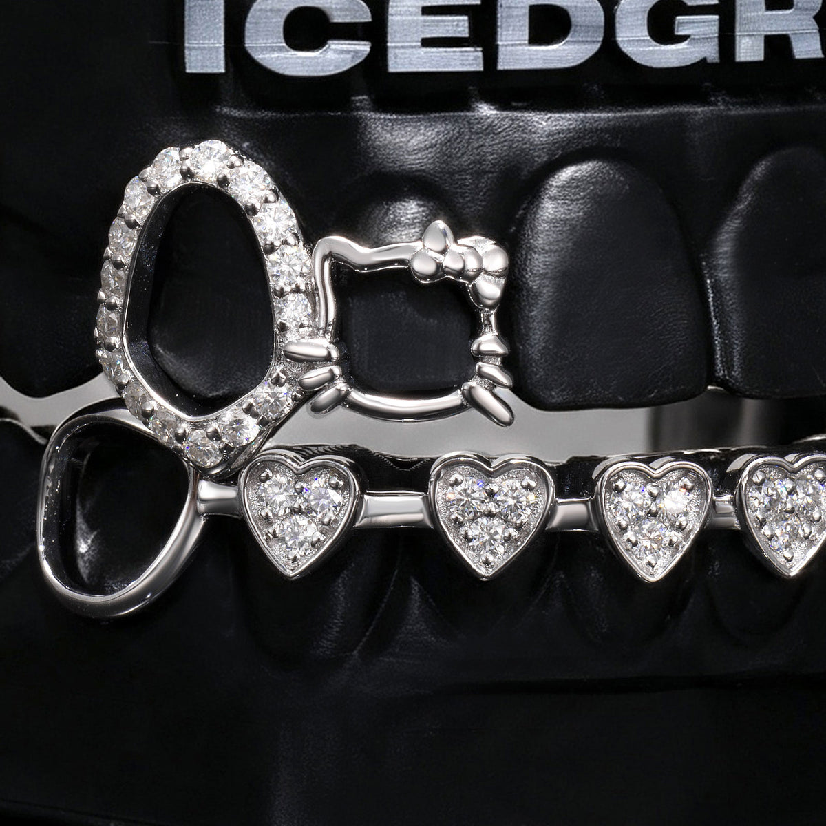 Iced Heart Link & Kitty Open Face Grillz - IcedGrillz