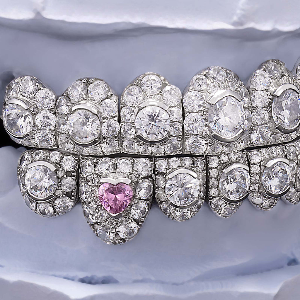 Iced Oval & Pink Heart Diamond Fang Grillz
