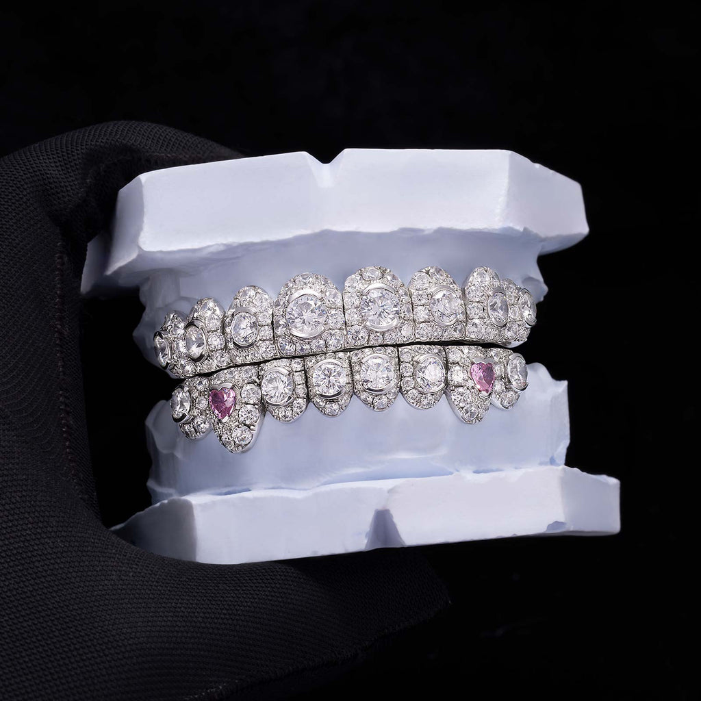 Iced Oval & Pink Heart Diamond Fang Grillz