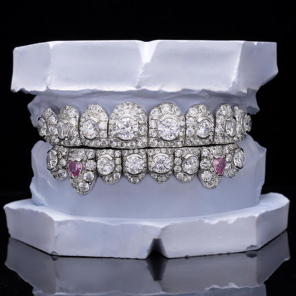 Iced Oval & Pink Heart Diamond Fang Grillz