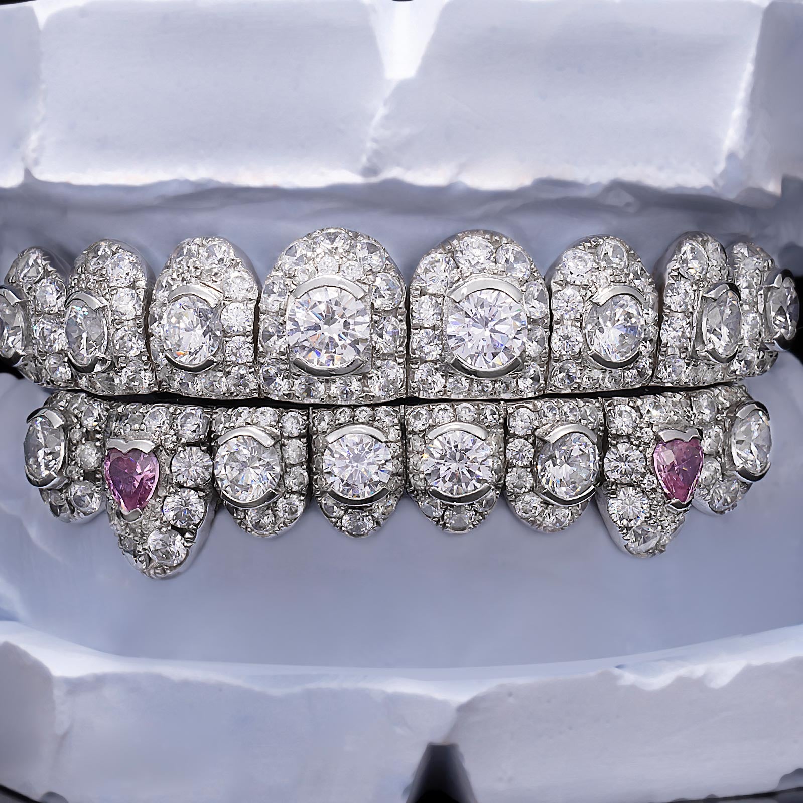 Iced Oval & Pink Heart Diamond Fang Grillz