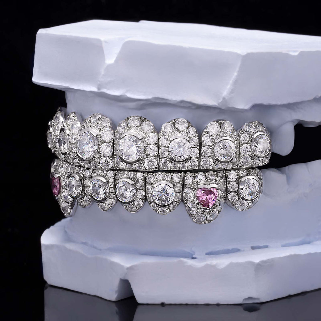 Iced Oval & Pink Heart Diamond Fang Grillz