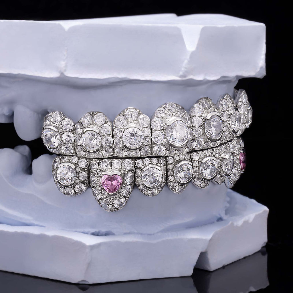Iced Oval & Pink Heart Diamond Fang Grillz
