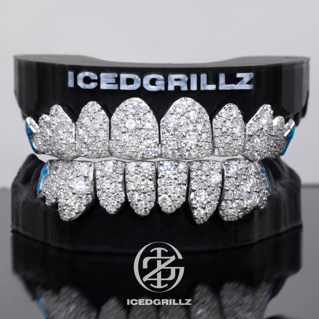 Mixed Size Moissanite Pave Blue Opal Cross Grillz