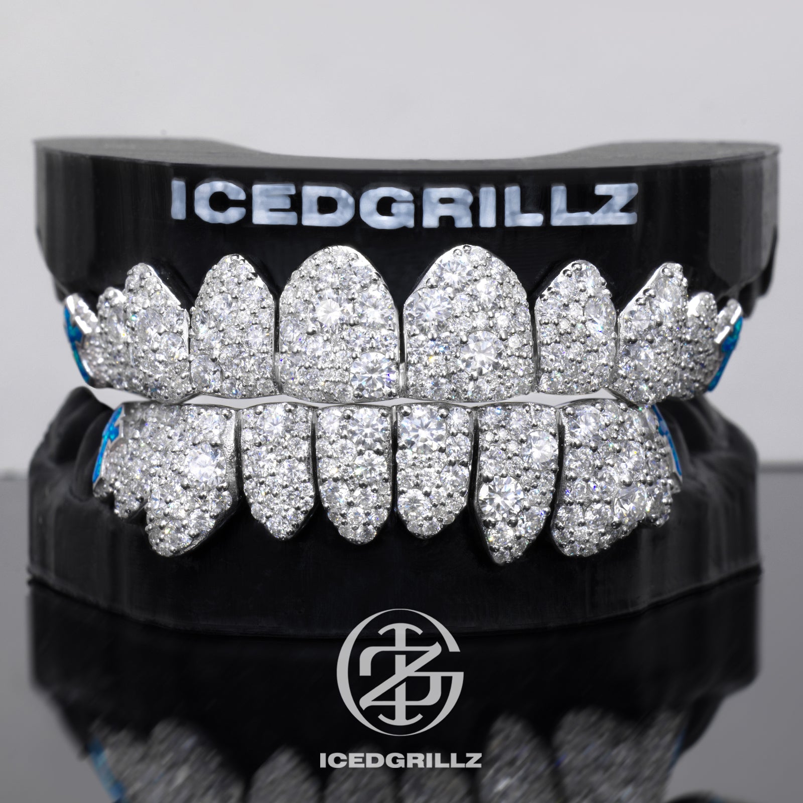 Mixed Size Moissanite Pave Blue Opal Cross Grillz