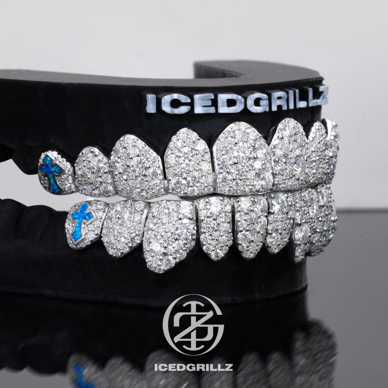 Mixed Size Moissanite Pave Blue Opal Cross Grillz