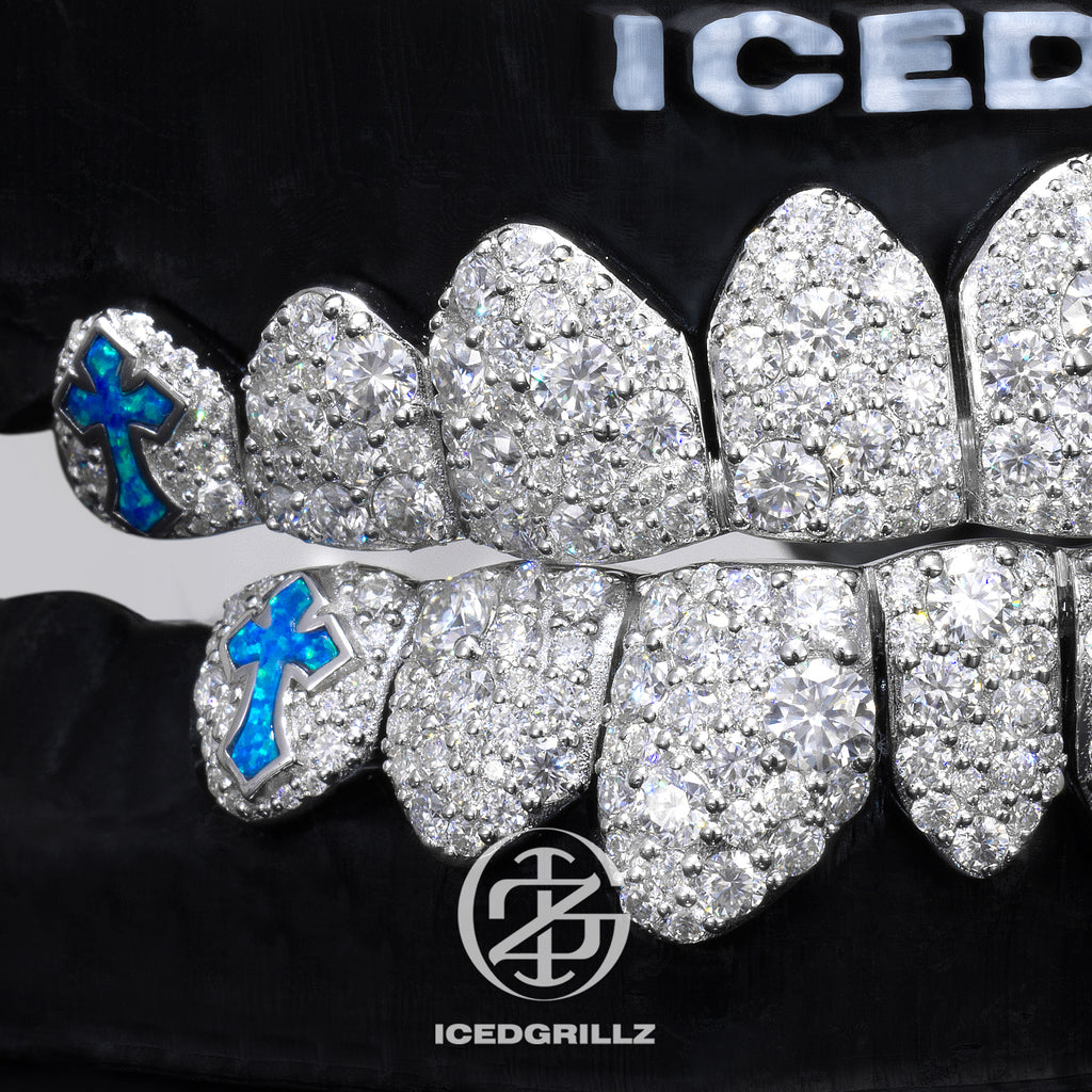 Mixed Size Moissanite Pave Blue Opal Cross Grillz