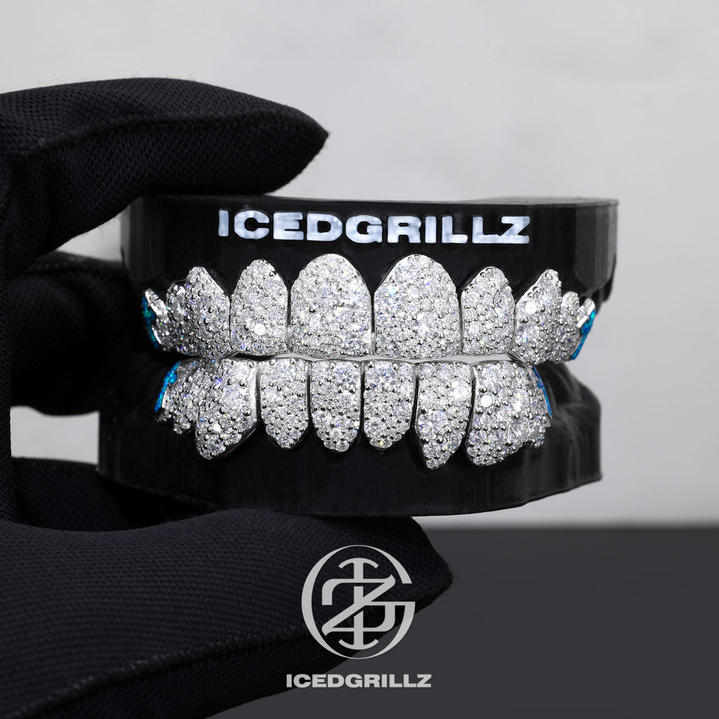 Mixed Size Moissanite Pave Blue Opal Cross Grillz
