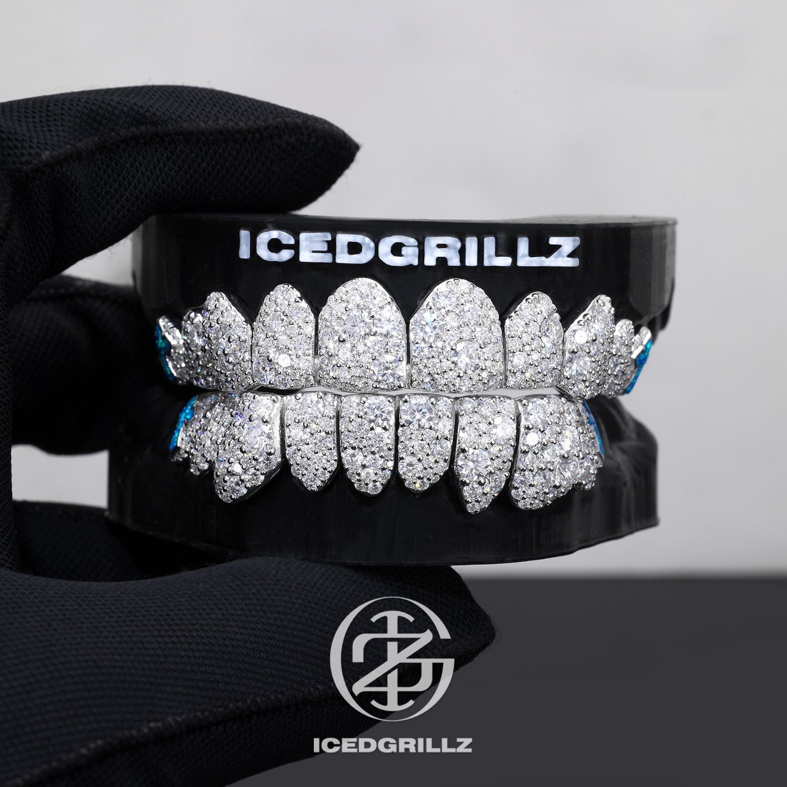 Mixed Size Moissanite Pave Blue Opal Cross Grillz