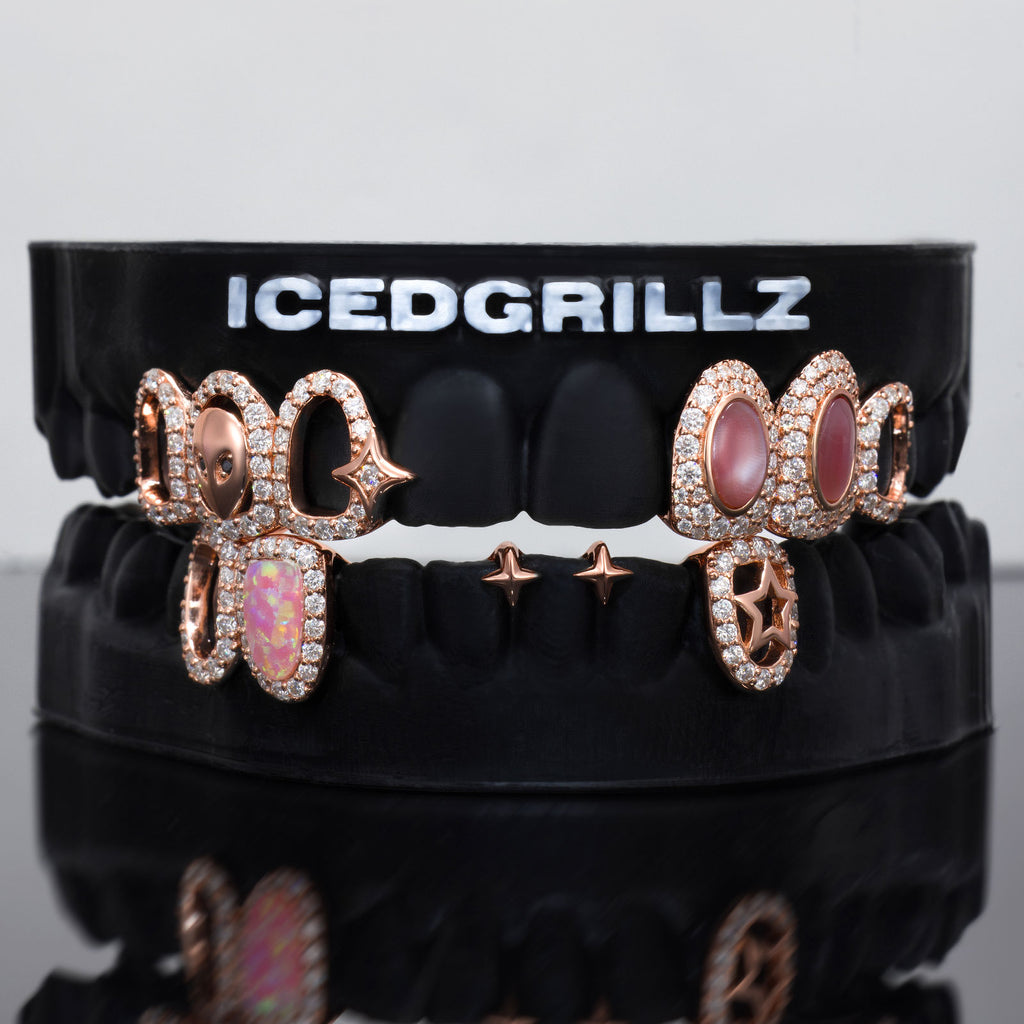 Moissanite Pink Opal Alien Star Open Face Grillz