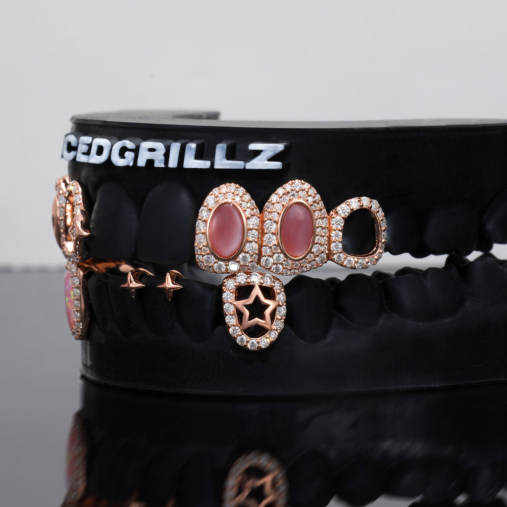 Moissanite Pink Opal Alien Star Open Face Grillz