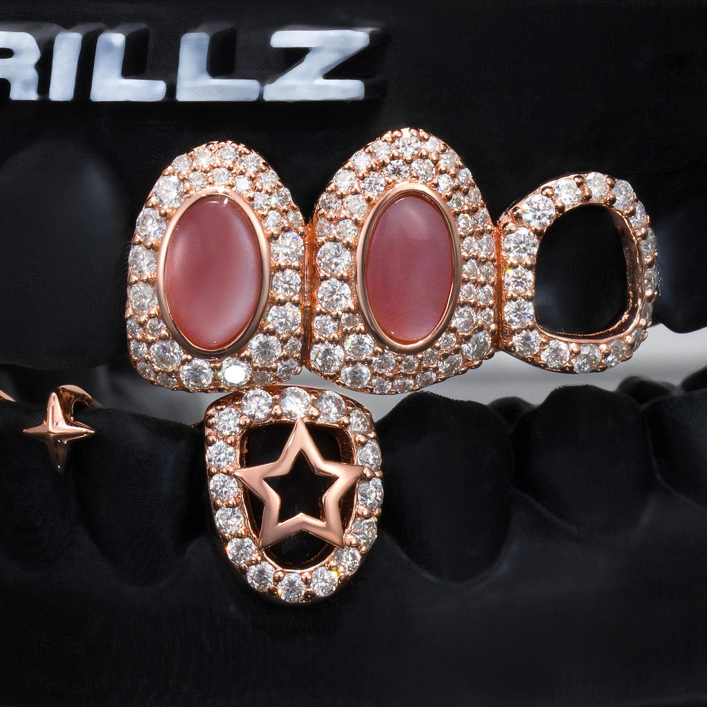 Moissanite Pink Opal Alien Star Open Face Grillz