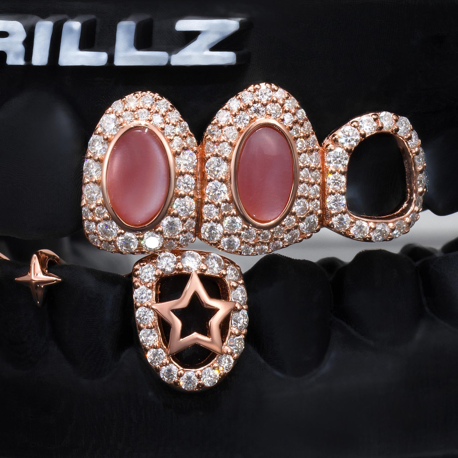 Moissanite Pink Opal Alien Star Open Face Grillz