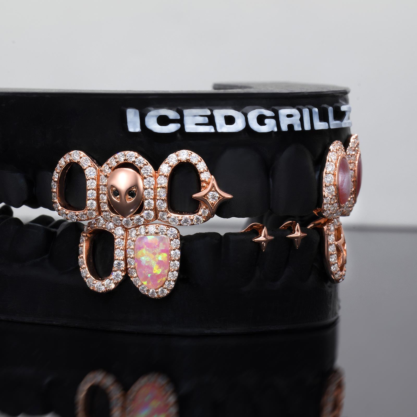 Moissanite Pink Opal Alien Star Open Face Grillz