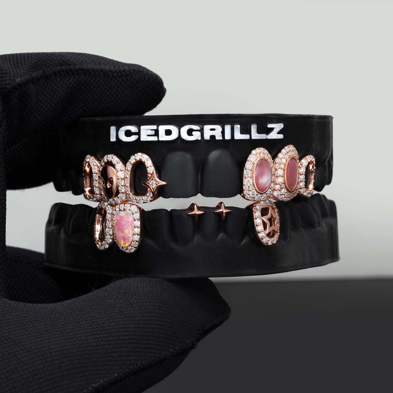Moissanite Pink Opal Alien Star Open Face Grillz