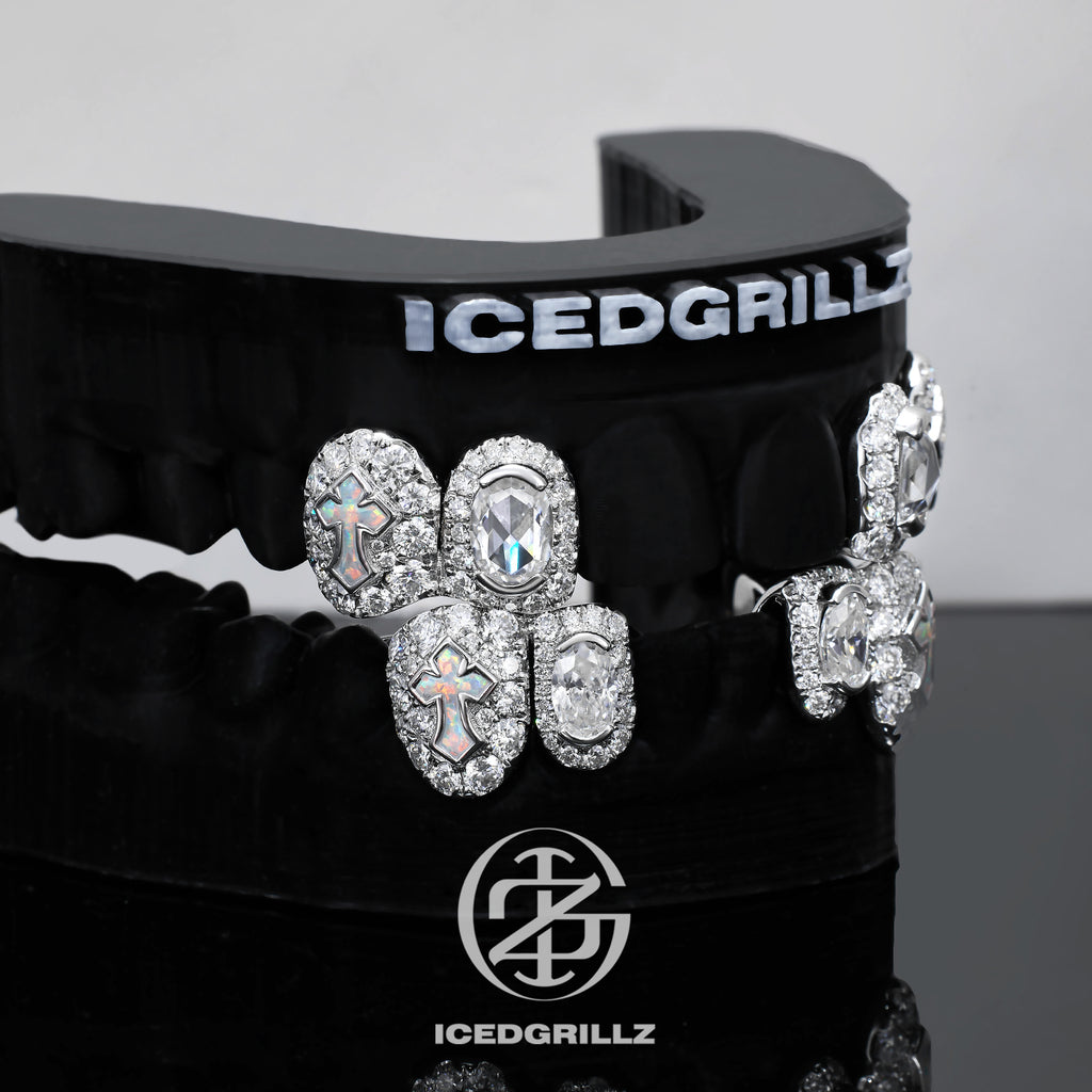 Oval Moissanite Opal Cross Cluster Grillz