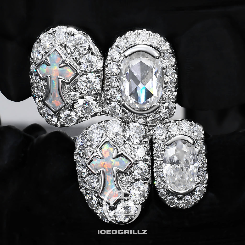 Oval Moissanite Opal Cross Cluster Grillz
