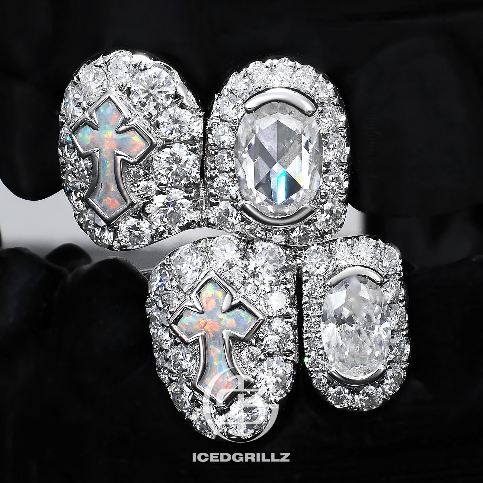 Oval Moissanite Opal Cross Cluster Grillz