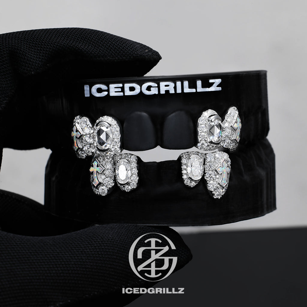 Oval Moissanite Opal Cross Cluster Grillz