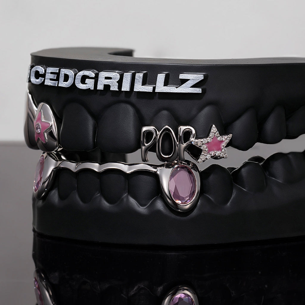 "POP" Enamel Star Pink Gem Bar Grillz - IcedGrillz