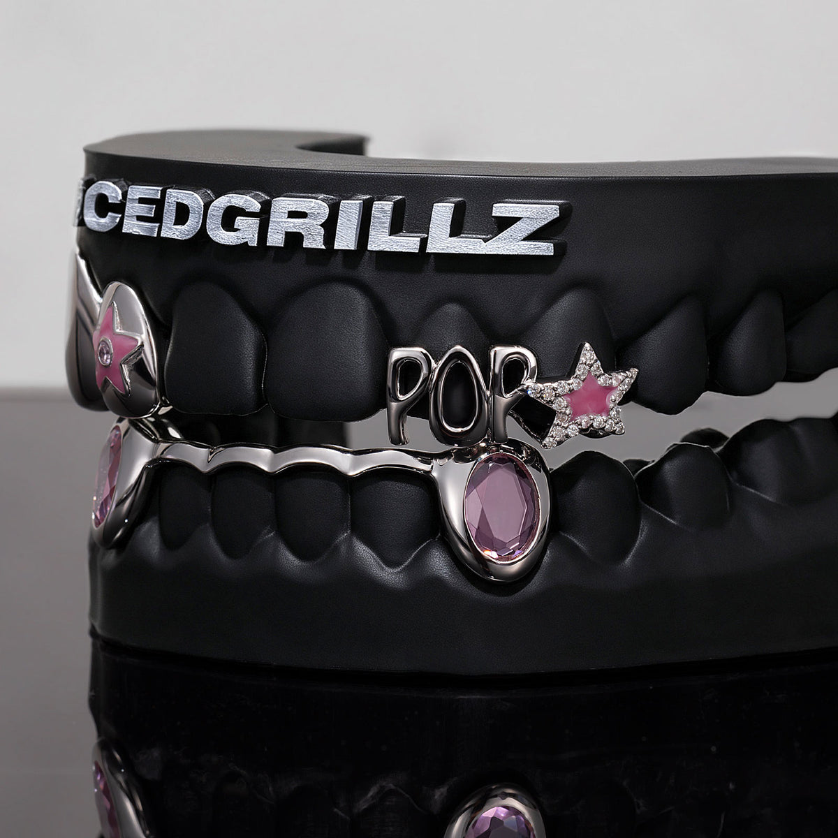 "POP" Enamel Star Pink Gem Bar Grillz - IcedGrillz