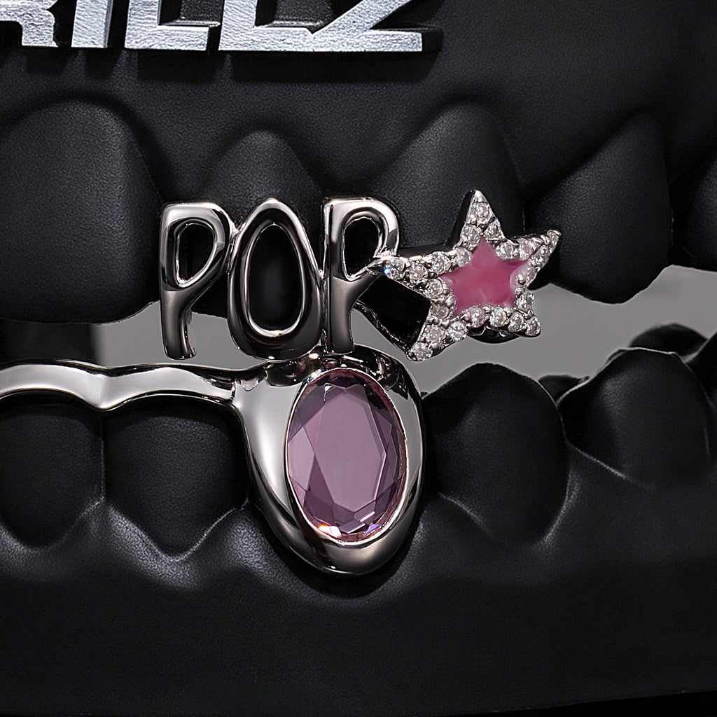 "POP" Enamel Star Pink Gem Bar Grillz - IcedGrillz