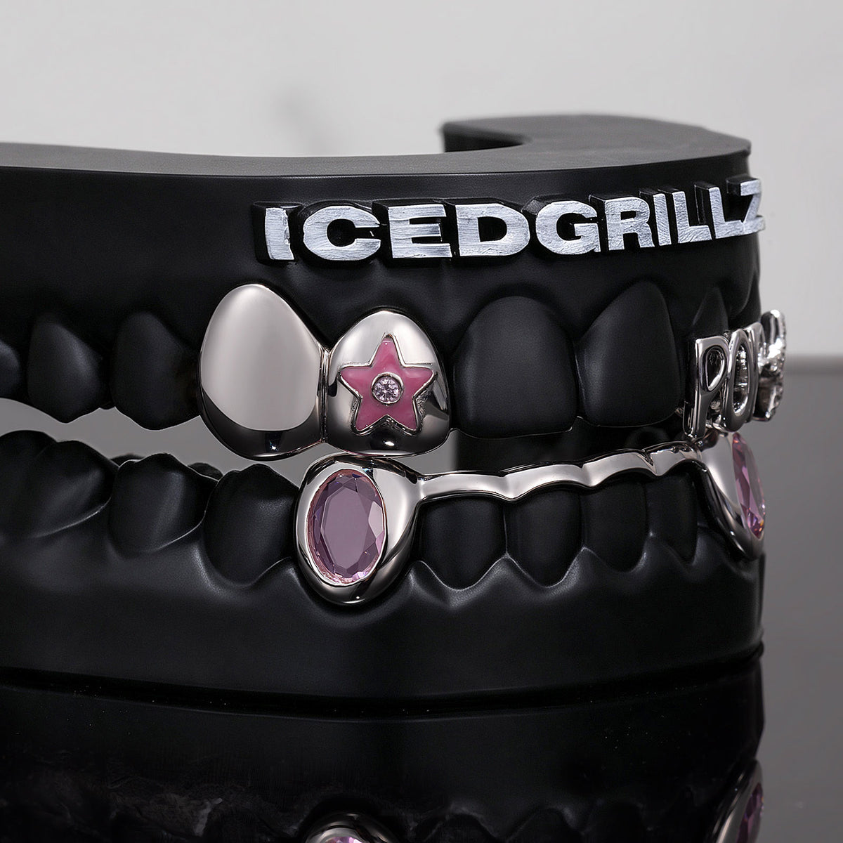 "POP" Enamel Star Pink Gem Bar Grillz - IcedGrillz