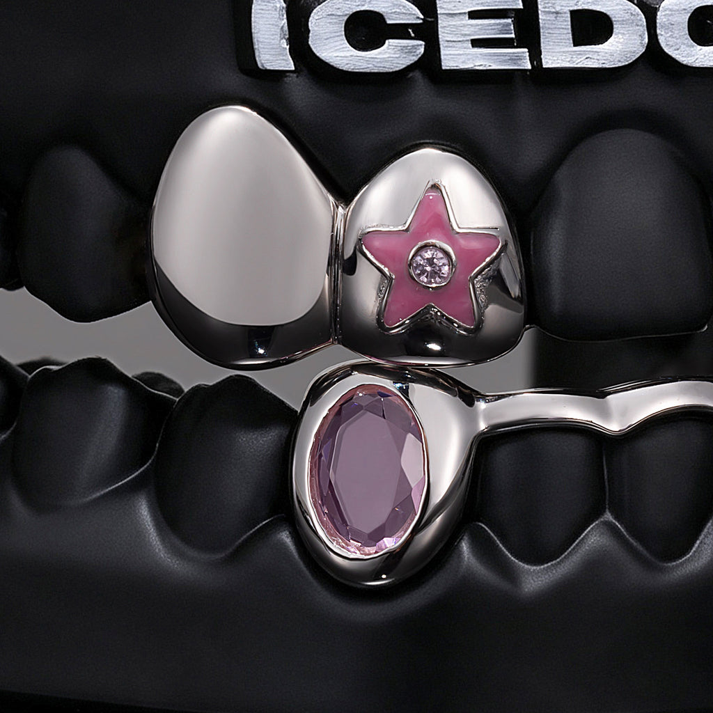 "POP" Enamel Star Pink Gem Bar Grillz - IcedGrillz