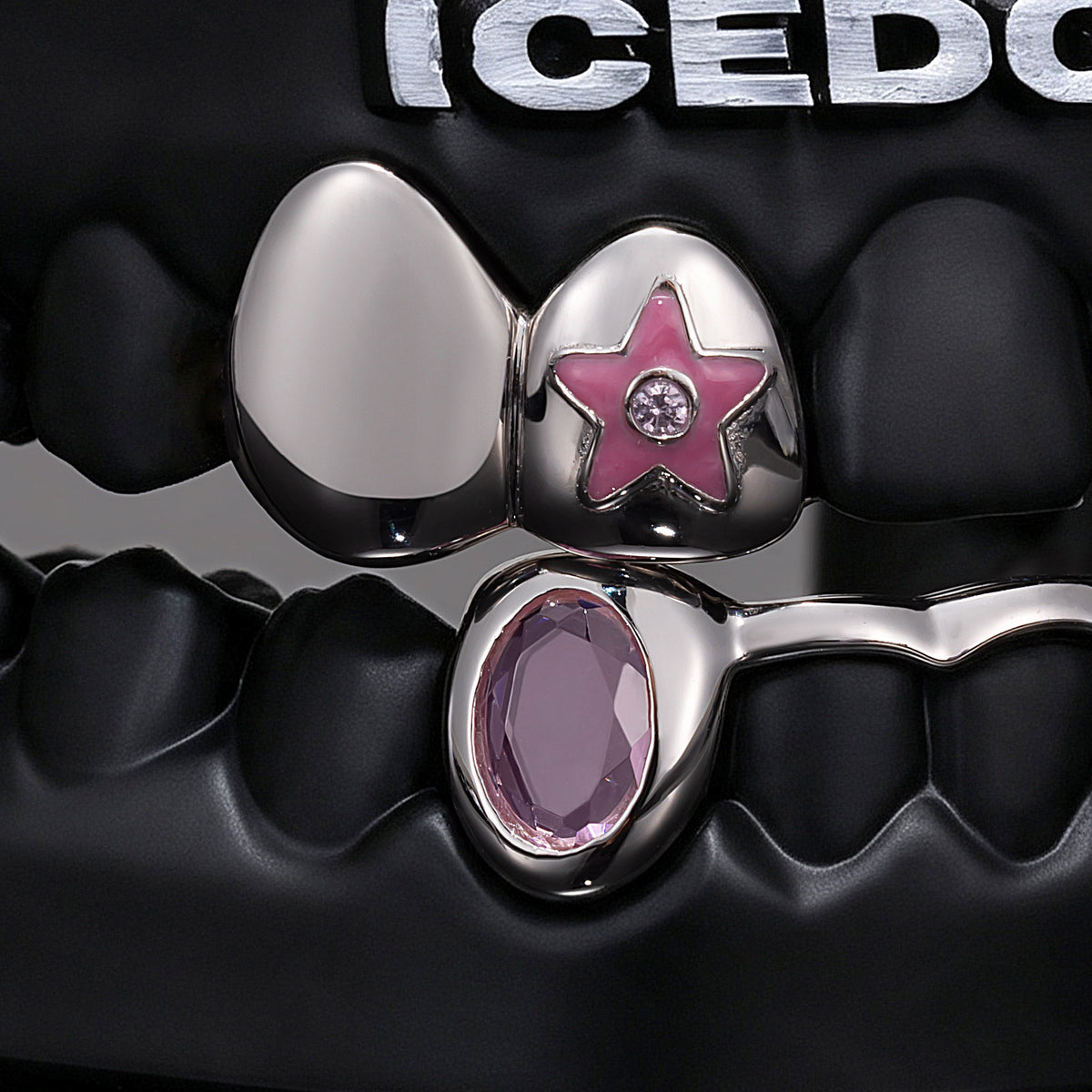 "POP" Enamel Star Pink Gem Bar Grillz - IcedGrillz