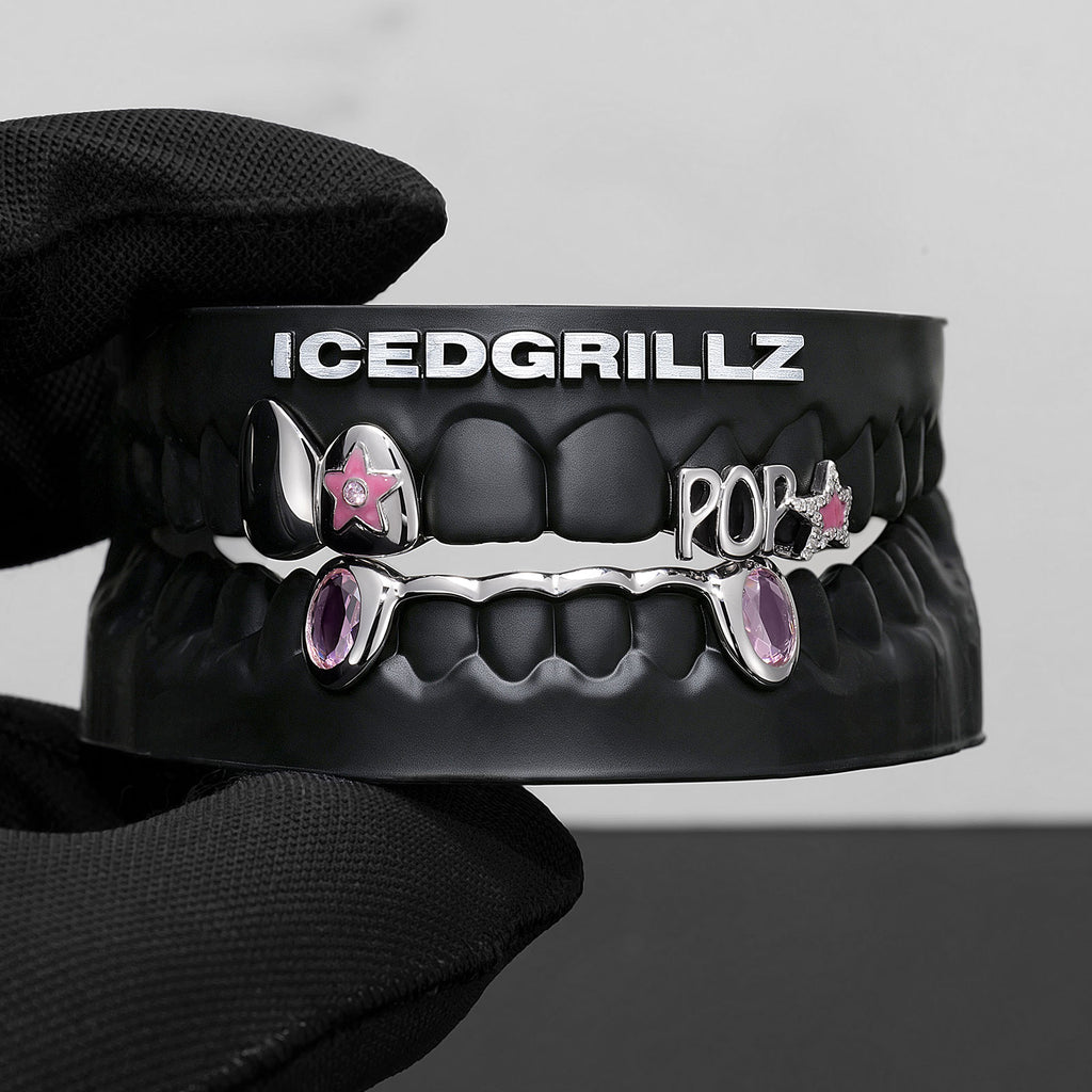 "POP" Enamel Star Pink Gem Bar Grillz - IcedGrillz