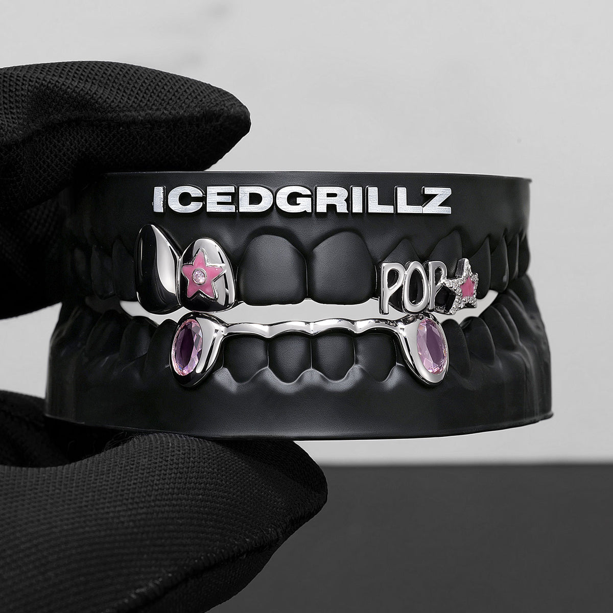 "POP" Enamel Star Pink Gem Bar Grillz - IcedGrillz