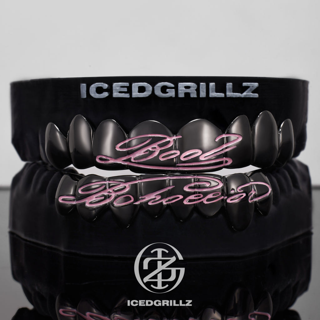 Pink Enamel Script Polish Black Gold Grillz