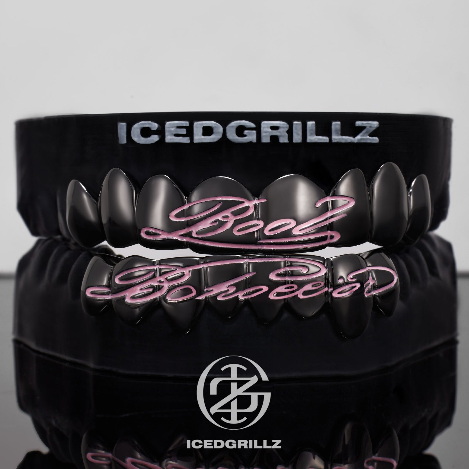 Pink Enamel Script Polish Black Gold Grillz