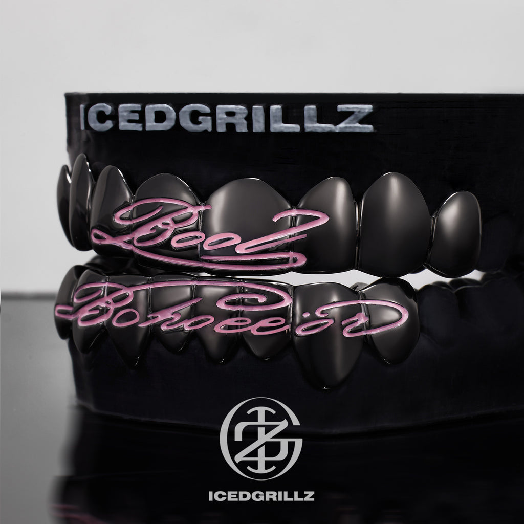 Pink Enamel Script Polish Black Gold Grillz
