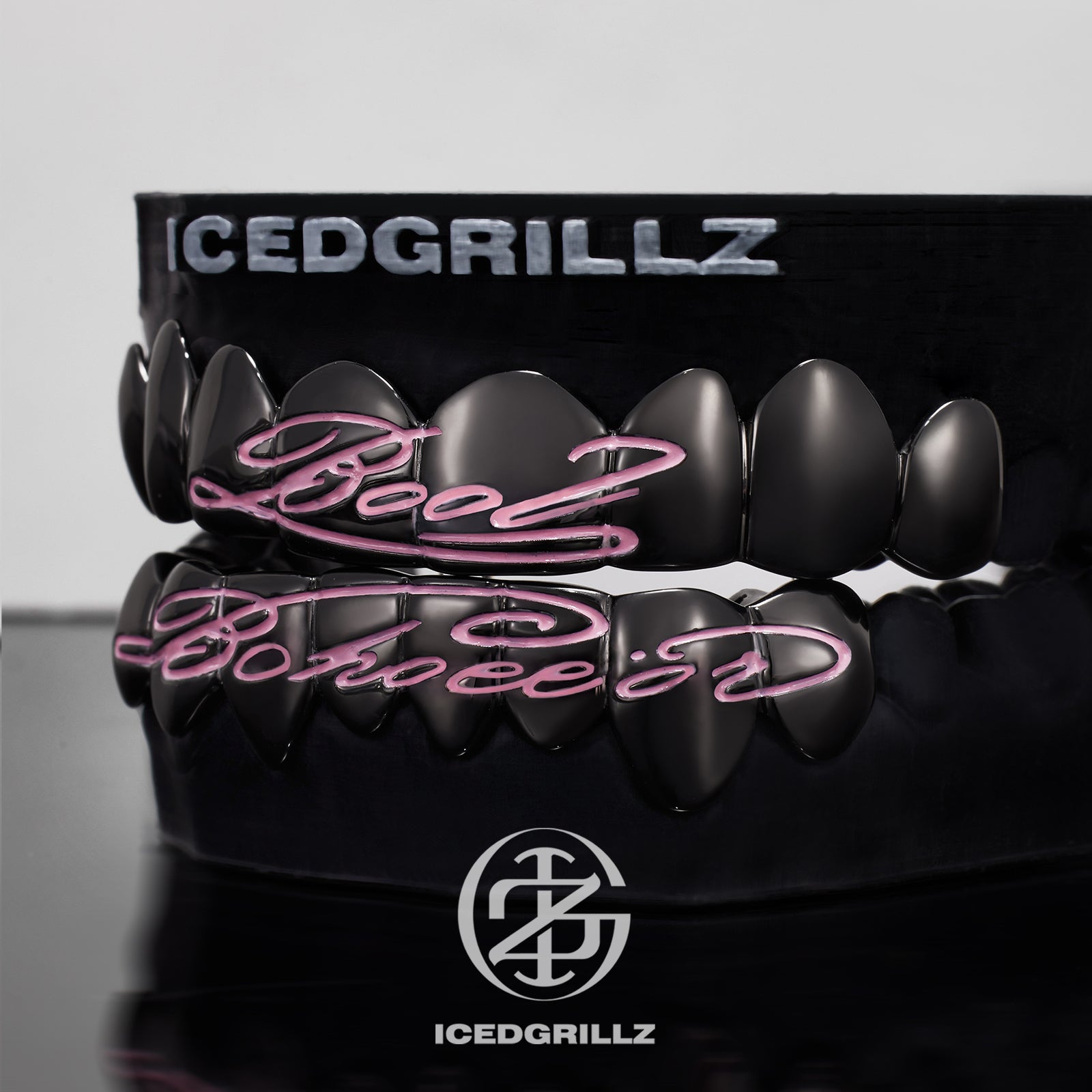 Pink Enamel Script Polish Black Gold Grillz