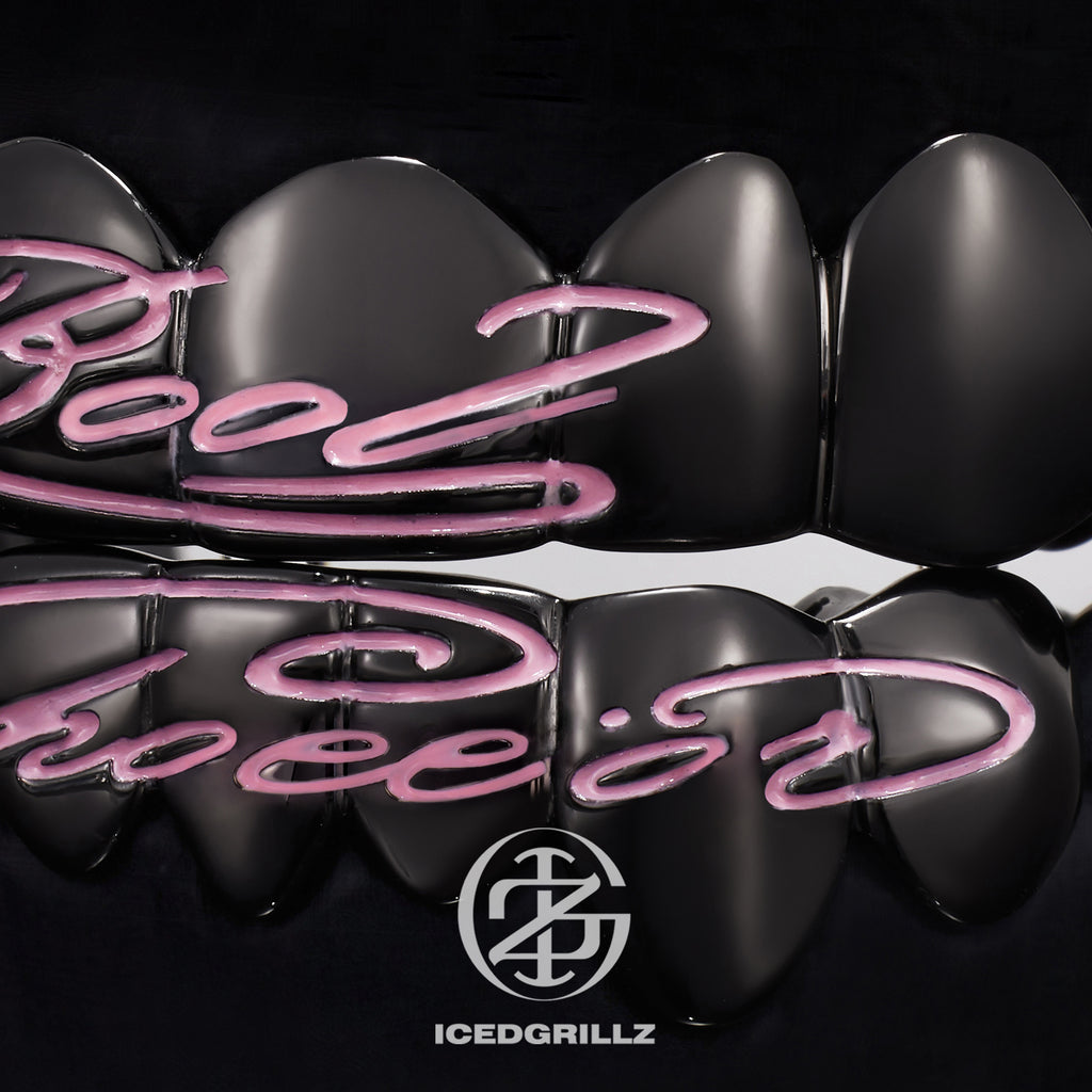 Pink Enamel Script Polish Black Gold Grillz
