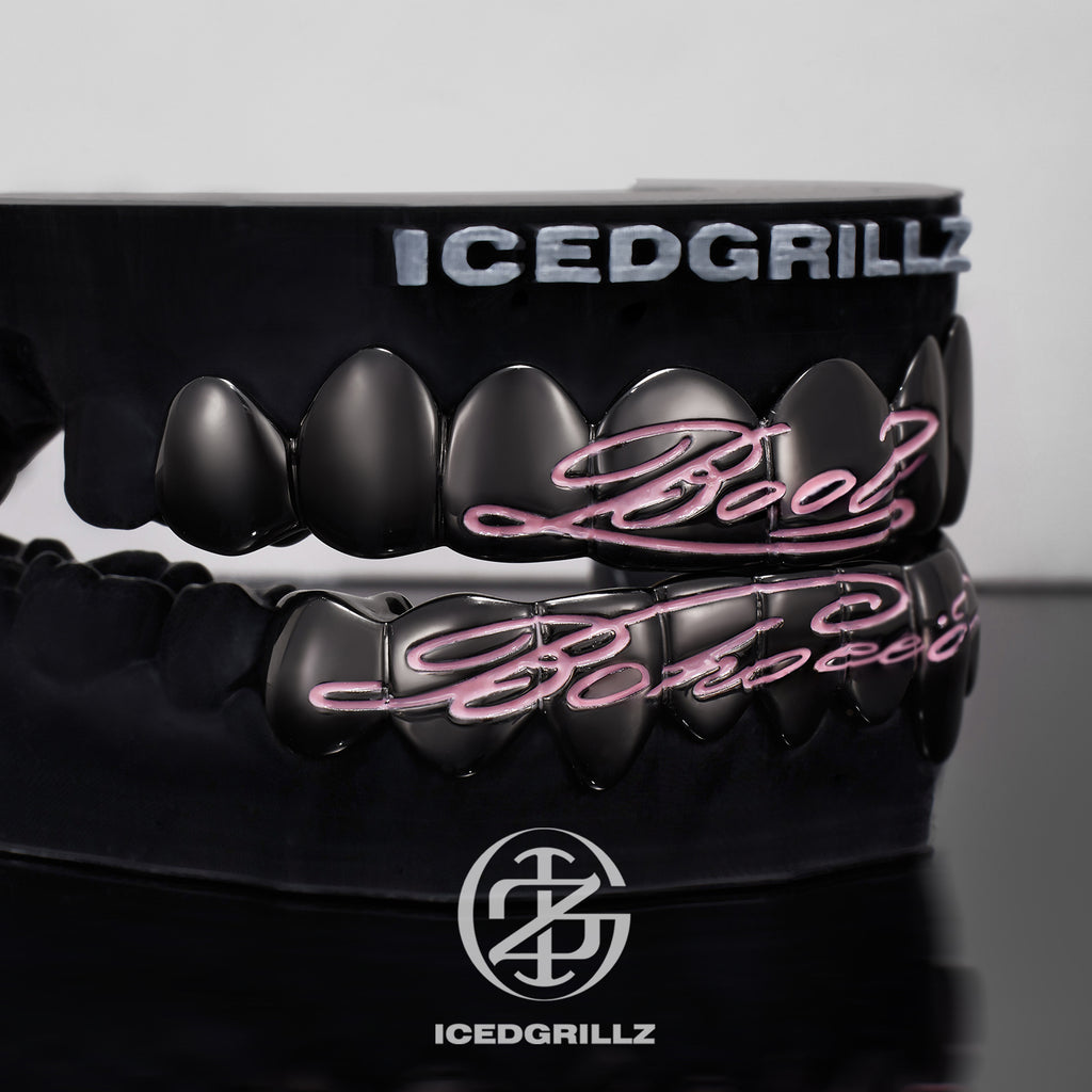 Pink Enamel Script Polish Black Gold Grillz