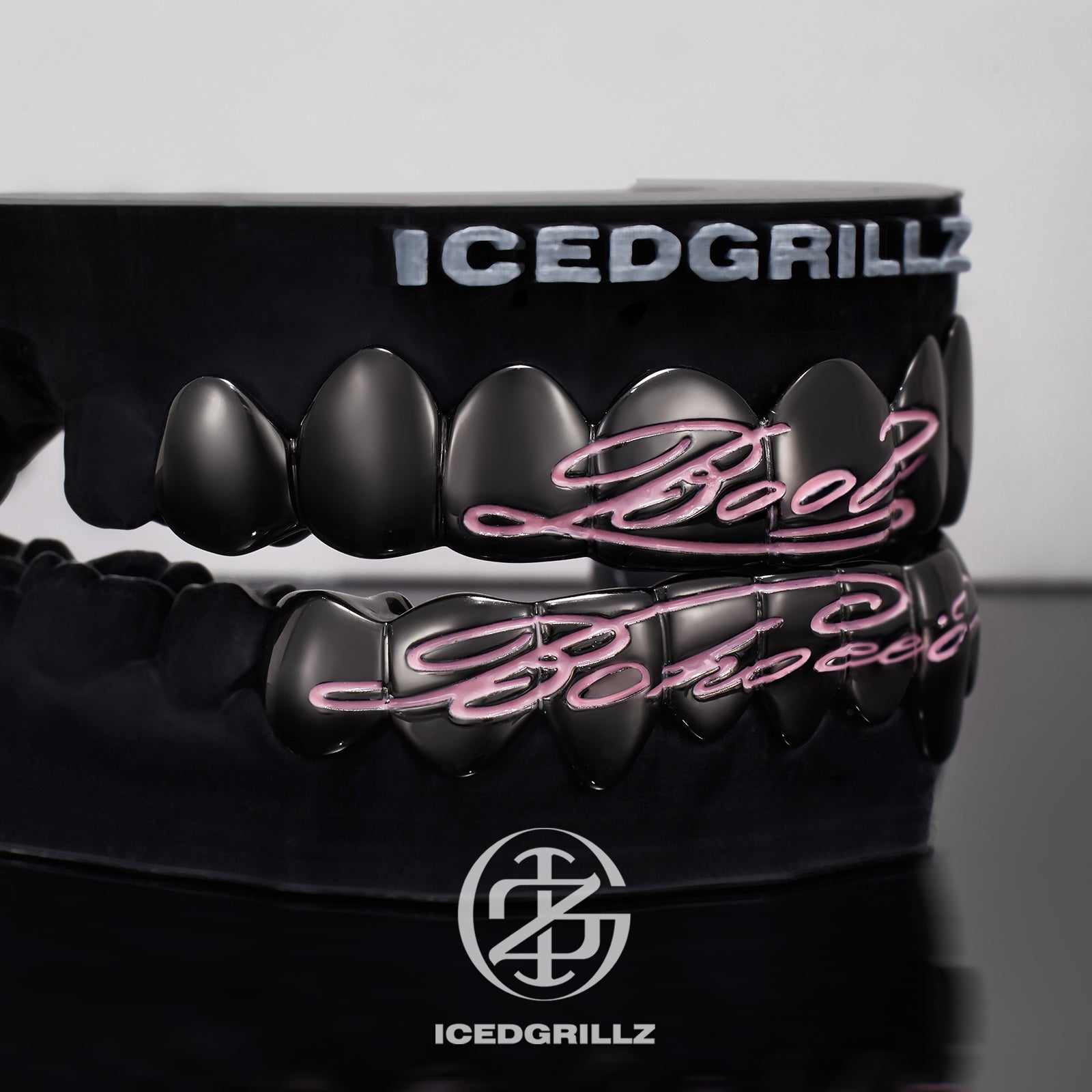 Pink Enamel Script Polish Black Gold Grillz